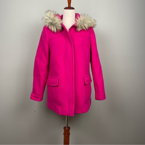 Talbots Jackets & Blazers - NWT Talbots Pink‎ Wool Blend Hooded Coat Faux Fur Trim Women’s Size 6 Winter